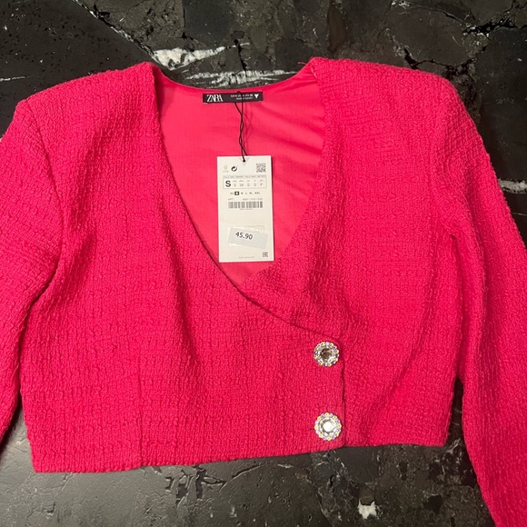 Zara fushia textured jewel button cropped jacket,S, new. - Picture 8 of 9